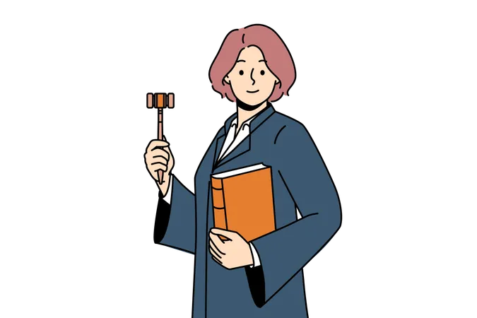 Woman judge with wooden claw and constitution in hands ready to announce fair legal decision  Illustration