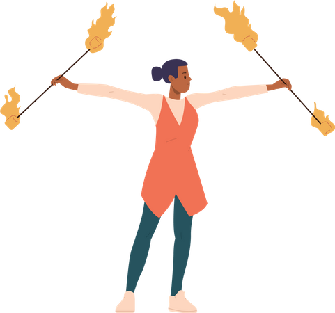 Woman juggler performing with dangerous tricks with burning torch entertaining fire show  Illustration