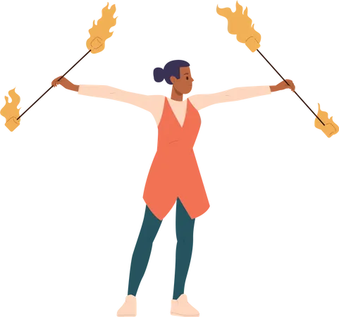 Woman juggler performing with dangerous tricks with burning torch entertaining fire show  Illustration