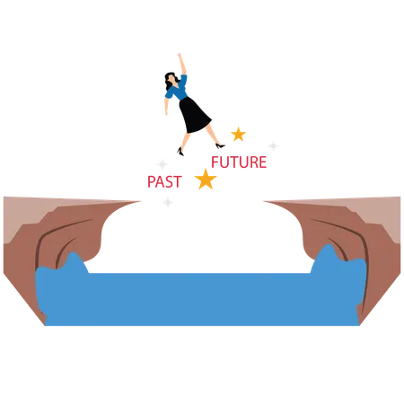 Woman jump on a cliff from past to future  Illustration