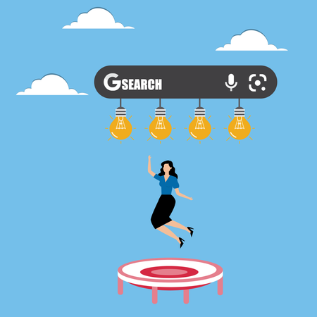 Woman jumping for light bulbs from search bar  Illustration