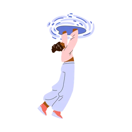 Woman jumping into teleportation portal  Illustration