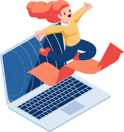 Woman Jumping Out From Laptop Illustration