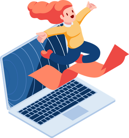 Woman Jumping Out From Laptop  Illustration