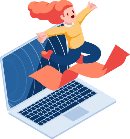 Woman Jumping Out From Laptop Illustration