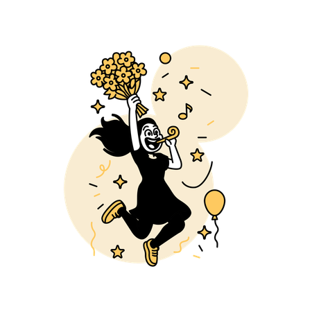 Woman Jumping with Joy Holding Flowers  Illustration