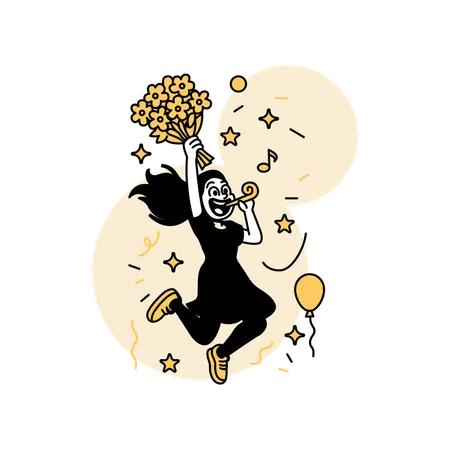 Woman Jumping with Joy Holding Flowers  Illustration