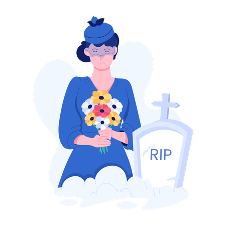 Woman keep flowers on gravestone  Illustration