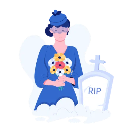 Woman keep flowers on gravestone  Illustration