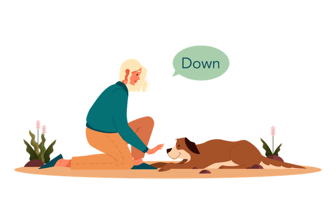 Woman keeping dog down using command  Illustration