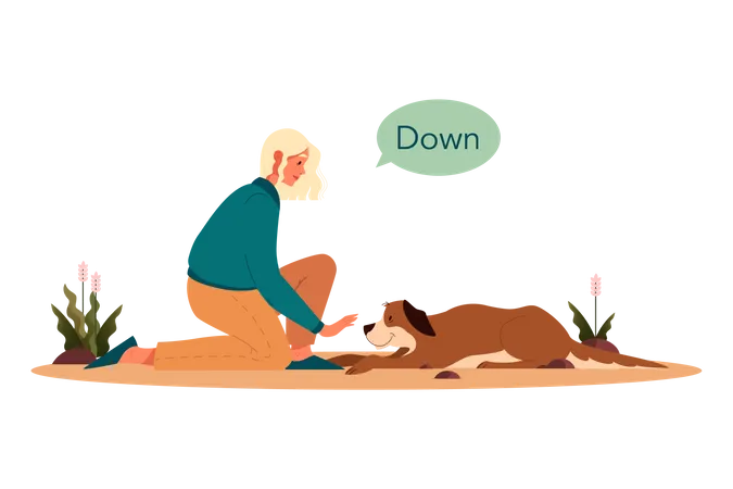 Woman keeping dog down using command  Illustration