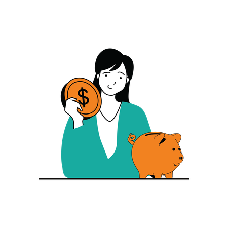 Woman keeping her money in piggy bank for saving  Illustration