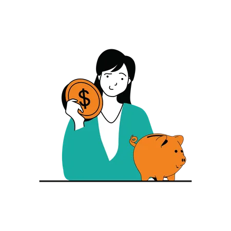 Woman keeping her money in piggy bank for saving  Illustration