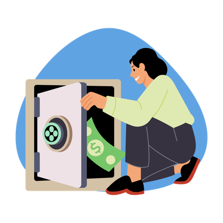 Woman keeping money in vault  Illustration
