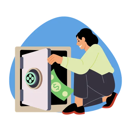 Woman keeping money in vault  Illustration