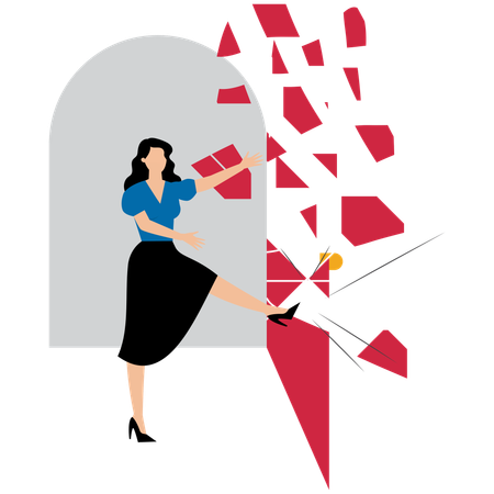 Woman kicking locked door and destroy  Illustration