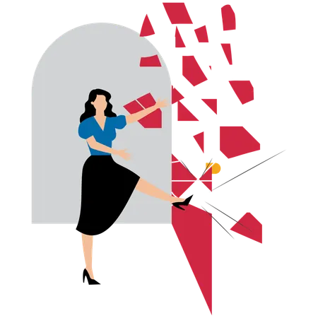 Woman kicking locked door and destroy  Illustration