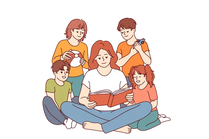 Woman kindergarten teacher reads book to children who are listening with interest to new fairy tale  Illustration