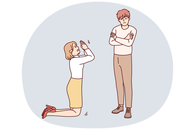 女性が男性の前でひざまずいて許しを請う  イラスト