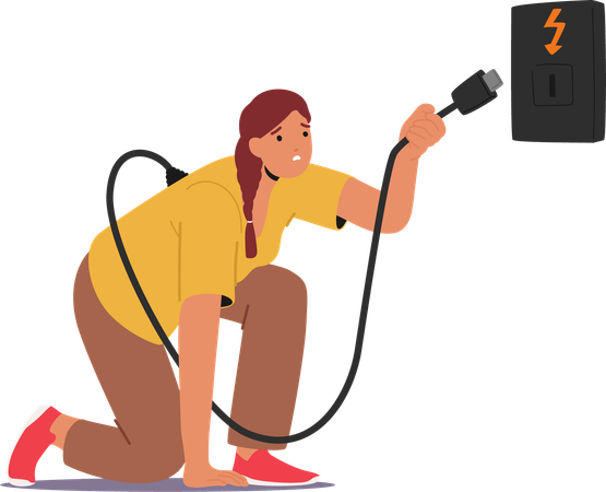 Woman Kneeling While Holding  Power Cable Plug Trying To Connect To  Socket  Illustration