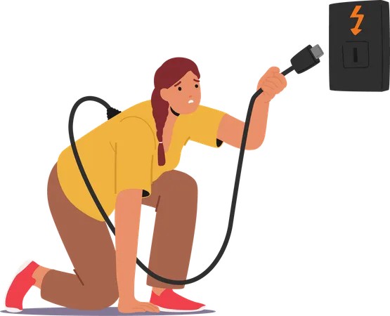 Woman Kneeling While Holding  Power Cable Plug Trying To Connect To  Socket  Illustration