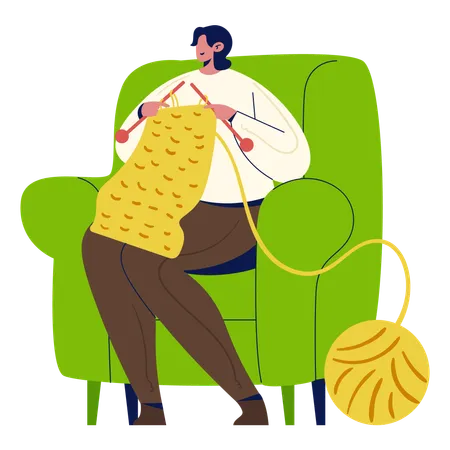 Woman Knitting at home  Illustration