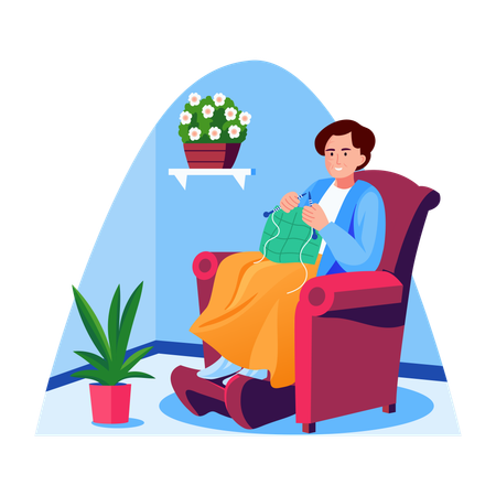 Woman knitting clothes at home  Illustration