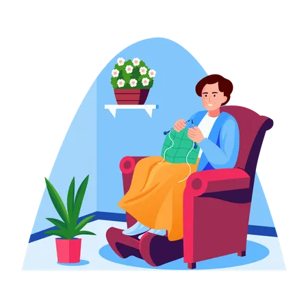 Woman knitting clothes at home  Illustration