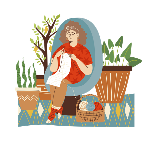 Woman knitting in home garden with pot houseplants  Illustration