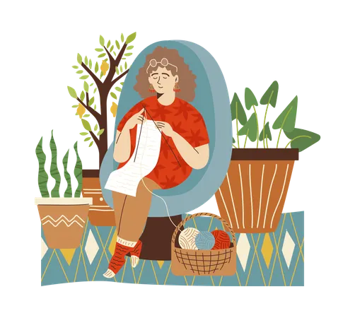 Woman knitting in home garden with pot houseplants  Illustration