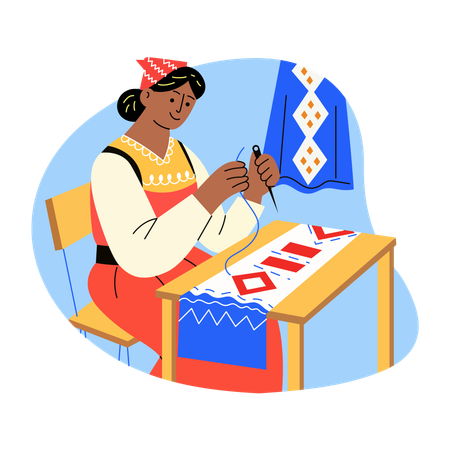 Woman knitting scarf using needle  Illustration