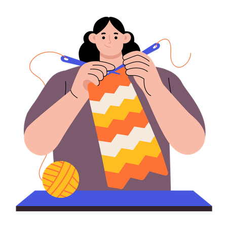 Woman knitting woolen scarf  Illustration