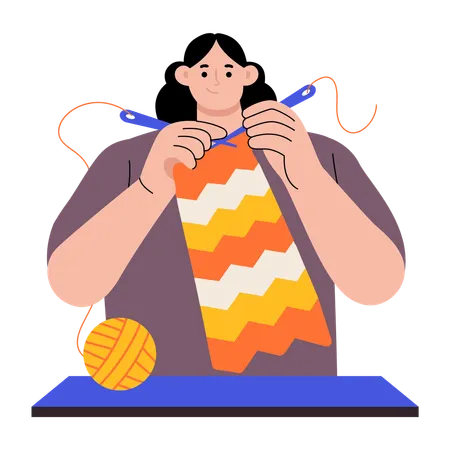 Woman knitting woolen scarf  Illustration