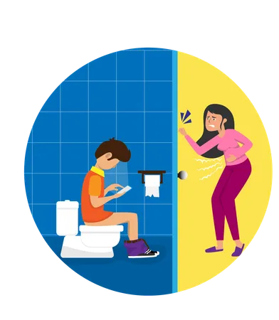 A Woman Knocks Hurriedly On The Bathroom Door Because She Had Pain In Her Stomach When Urinating Illustration