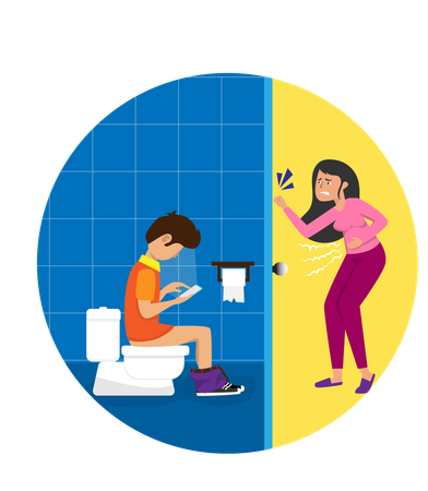 Woman knocks hurriedly on bathroom door  Illustration