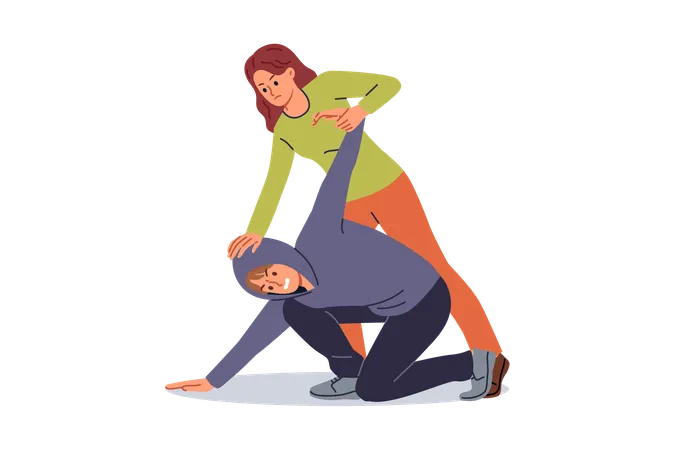 Woman Knows Self Defense Techniques Fights Back Robber Holding Criminal Until Police Arrive Self Defense Training For Girl Wants To Have Time To Stand Up For Herself During Night Walks Illustration