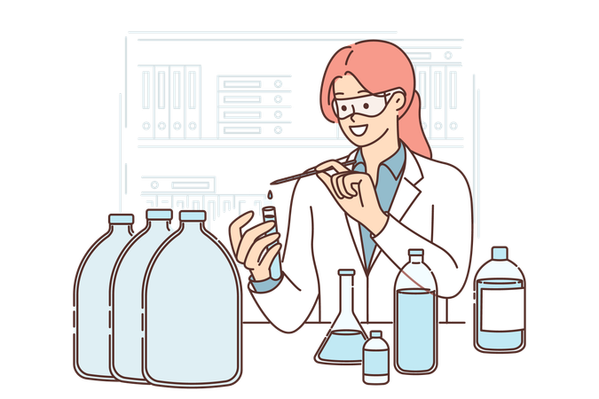 Woman laboratory assistant tests quality of water  Illustration