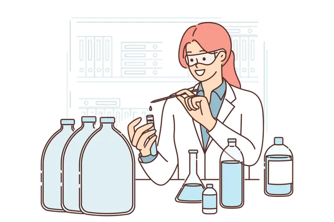 Woman Laboratory Assistant Tests Quality Of Water For Presence Of Microbes And Harmful Impurities Professional Laboratory Specialist Conducts Chemical Analysis For Scientific Experiment Illustration