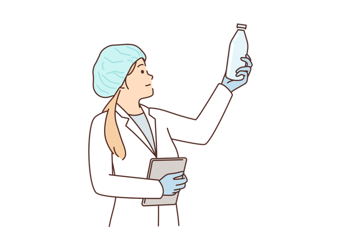 Woman laboratory assistant with glass bottle checks chemical composition of milk produced in factory  Illustration
