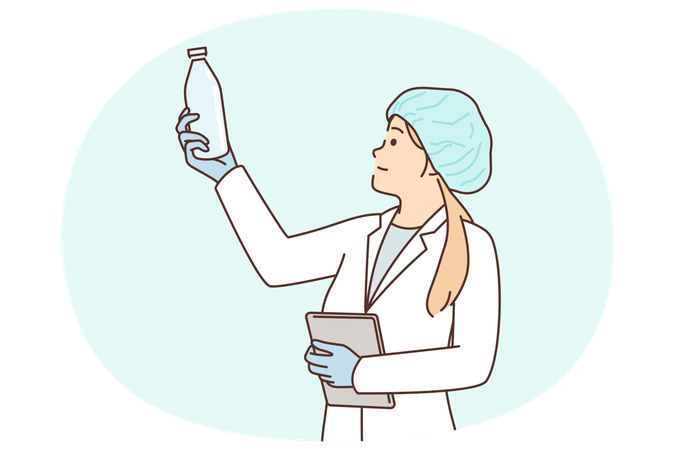 Woman laboratory assistant with glass bottle checks chemical composition of milk produced in factory  Illustration