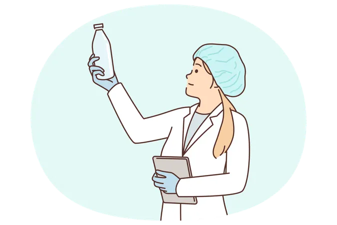 Woman laboratory assistant with glass bottle checks chemical composition of milk produced in factory  Illustration