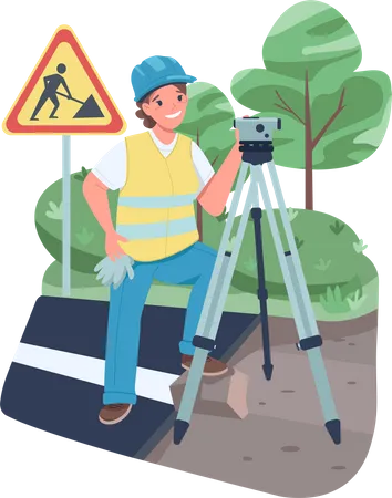 Woman Land Surveyor Flat Color Vector Detailed Character Cheerful Working Lady With Surveying Equipment Female Taking Measurements Isolated Cartoon Illustration For Web Graphic Design And Animation Illustration