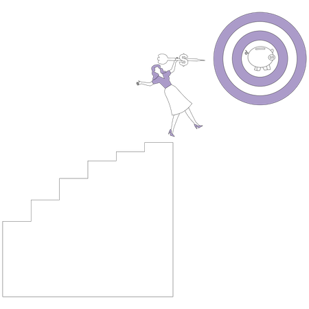 Woman launches dart at dart board with piggy bank  Illustration