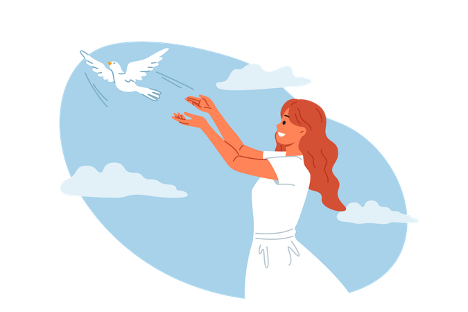 Woman launches dove into sky symbolizing peace and harmony or hope for better future for people  Illustration