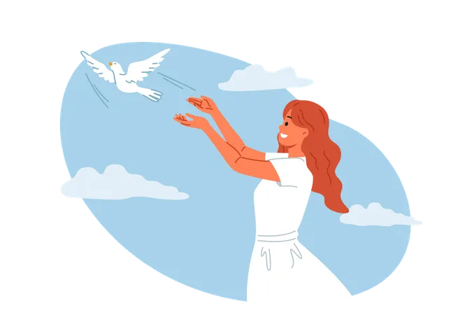 Woman Launches Dove Into Sky Symbolizing Peace And Harmony Or Hope For Better Future For People Dove Bird Takes Off From Hands Of Religious Girl Experiencing Joy In Communicating With Animal World イラスト