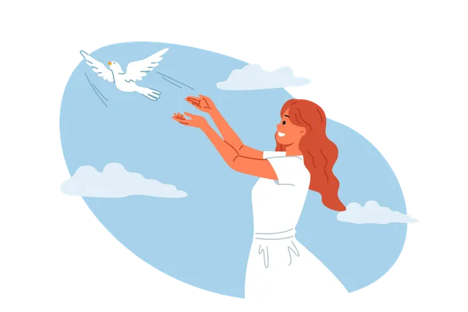 Woman launches dove into sky symbolizing peace and harmony or hope for better future for people  Illustration