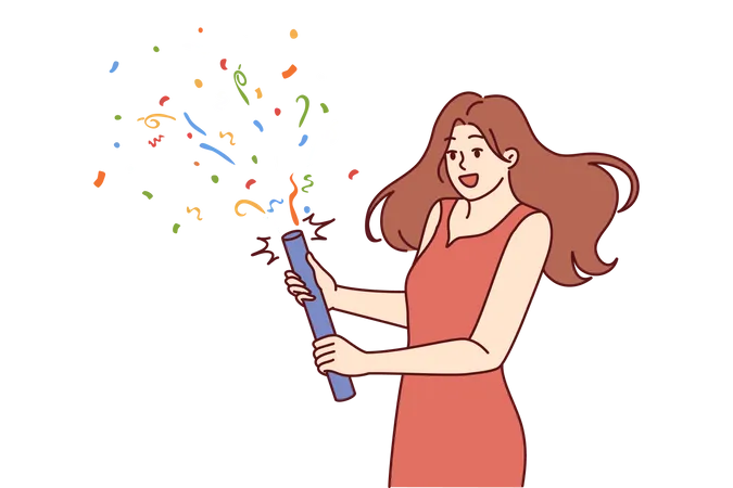 Woman Launches Confetti During Birthday Or University Graduation Party Girl In Beautiful Evening Dress Holds Firecracker With Confetti Wanting To Cheer Friends Gathered At Festive Disco Illustration