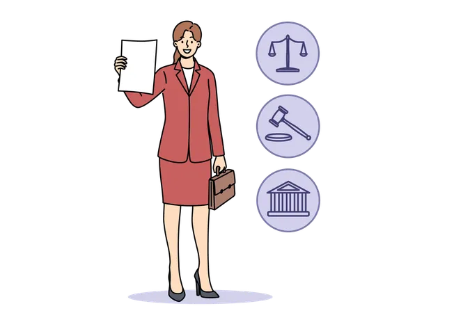 Woman Lawyer Demonstrates Court Decision On Absence Of Claims Against Client Standing Near Legal Symbols Girl Corporate Lawyer With Smile Shows Contract Or Permission Received From Ministry Justice Illustration