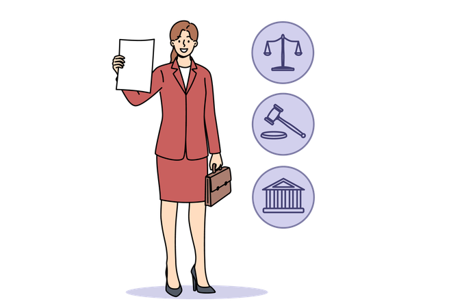 Woman lawyer demonstrates court decision on absence of claims and standing near legal symbols  Illustration