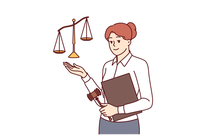 Woman lawyer working in law office holds gavel and scales symbolizing justice or jurisprudence  イラスト